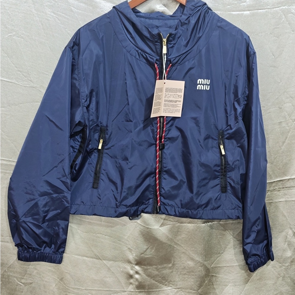Miu Miu Navy Hooded Nylon Bomber with Contrast Zip Trim